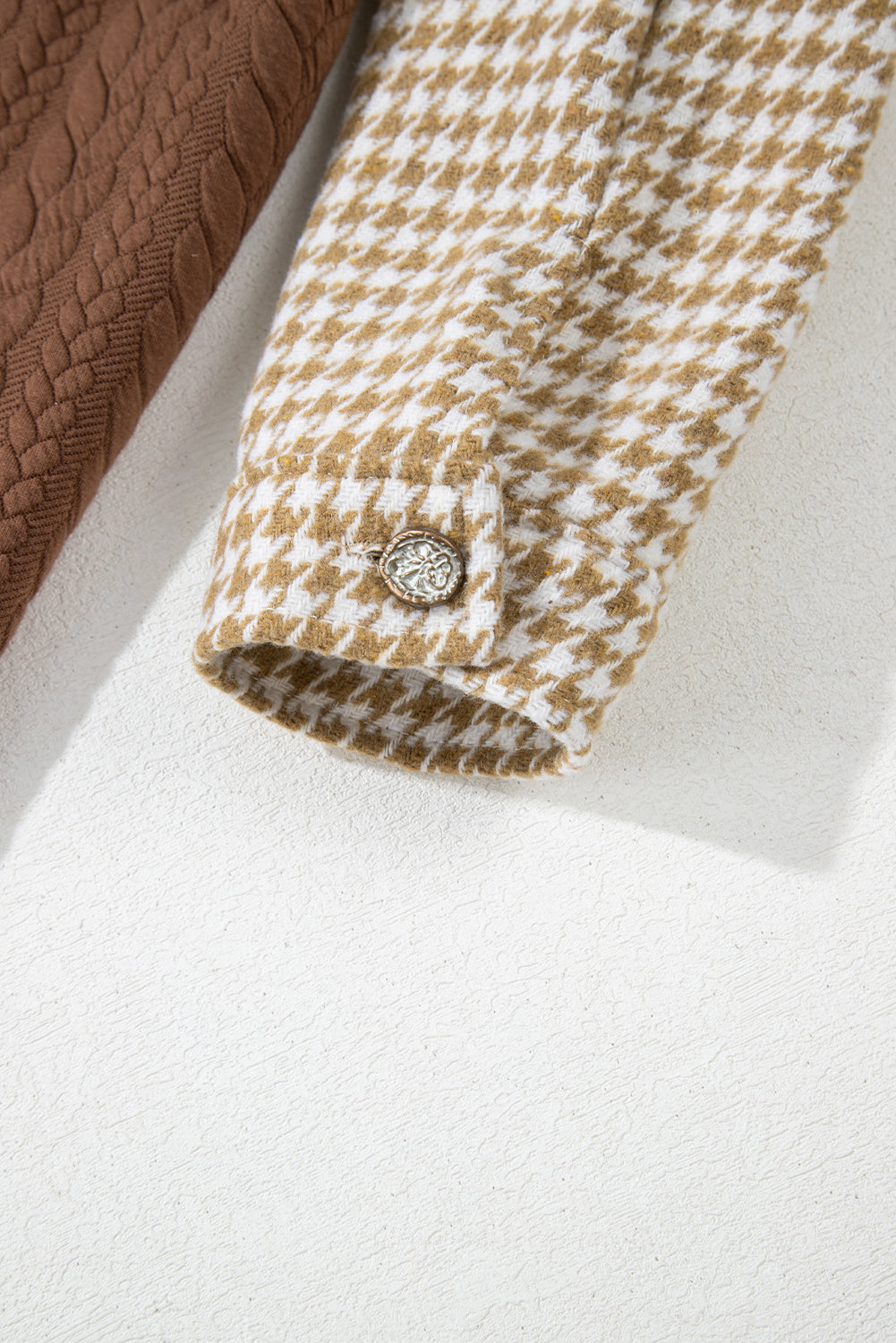 Khaki Houndstooth Textured Patchwork Loose Shacket 7290f79580e017ac