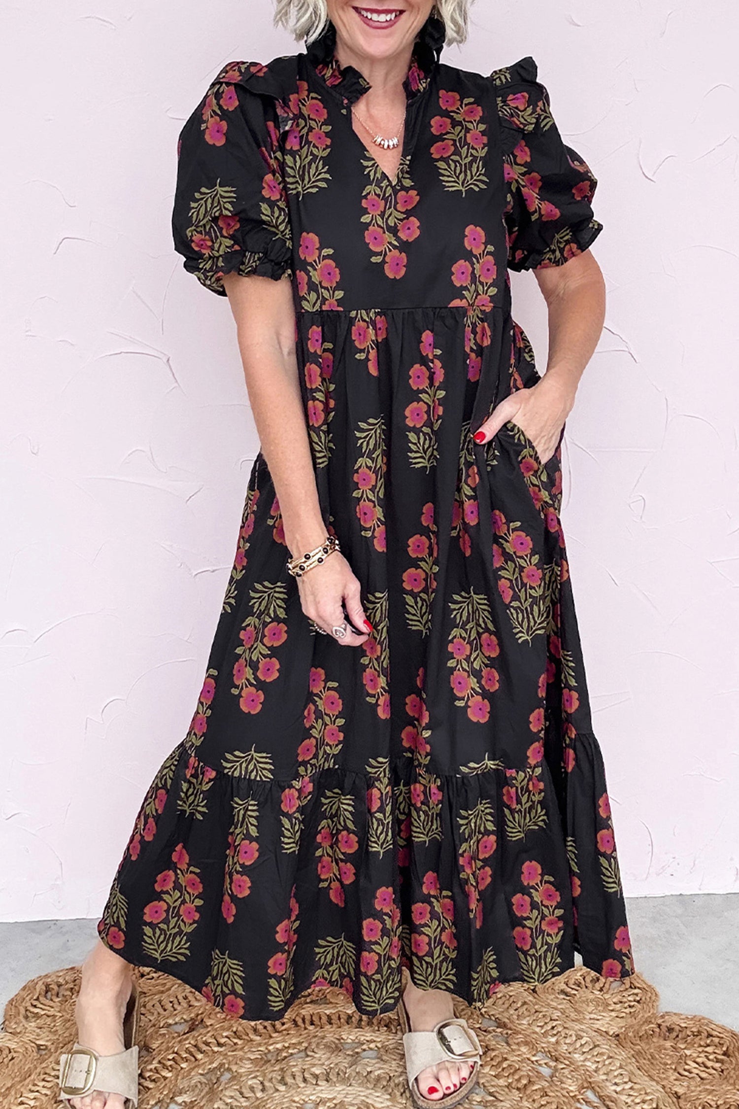 Black Floral Short Bubble Sleeve Tiered Maxi Dress Black 100%Cotton 7292973a370608ae