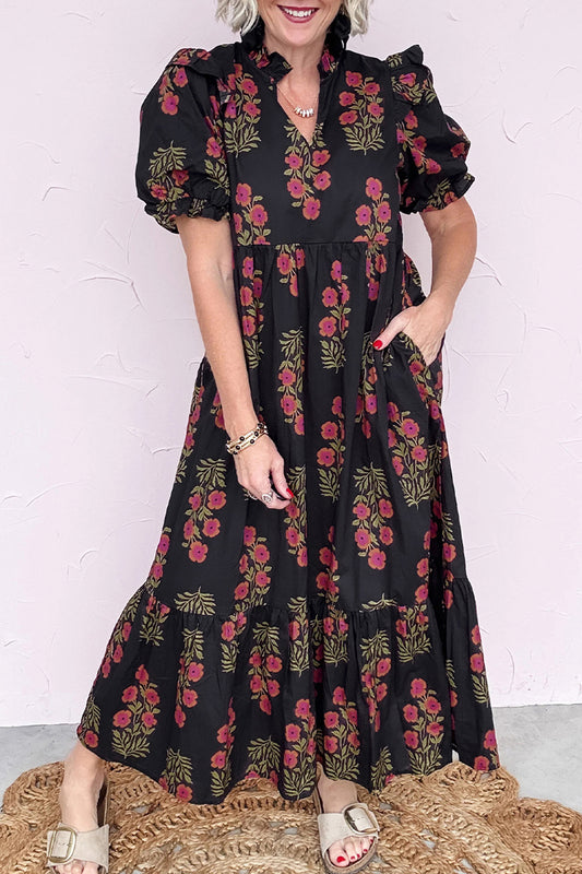 Black Floral Short Bubble Sleeve Tiered Maxi Dress Black 100%Cotton 7292973a370608ae