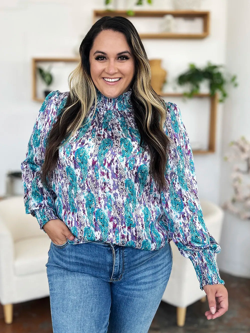Double Take Full Size Printed Smocked Long Sleeve Blouse 729ac255-d42d-4955-8650-cc9548aebaaf-Max