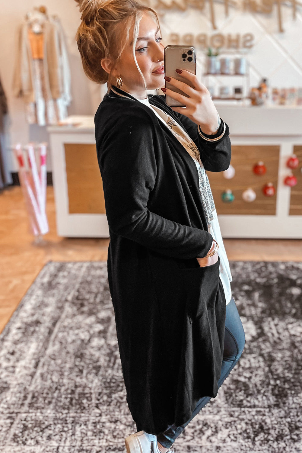 Black Solid Color Open Front Cardigan with Pocket 729ce02494de8404