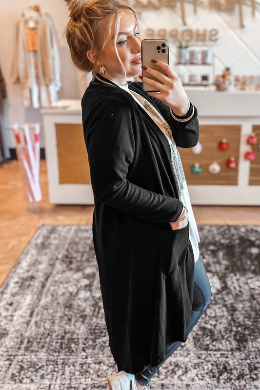 Black Solid Color Open Front Cardigan with Pocket 729ce02494de8404