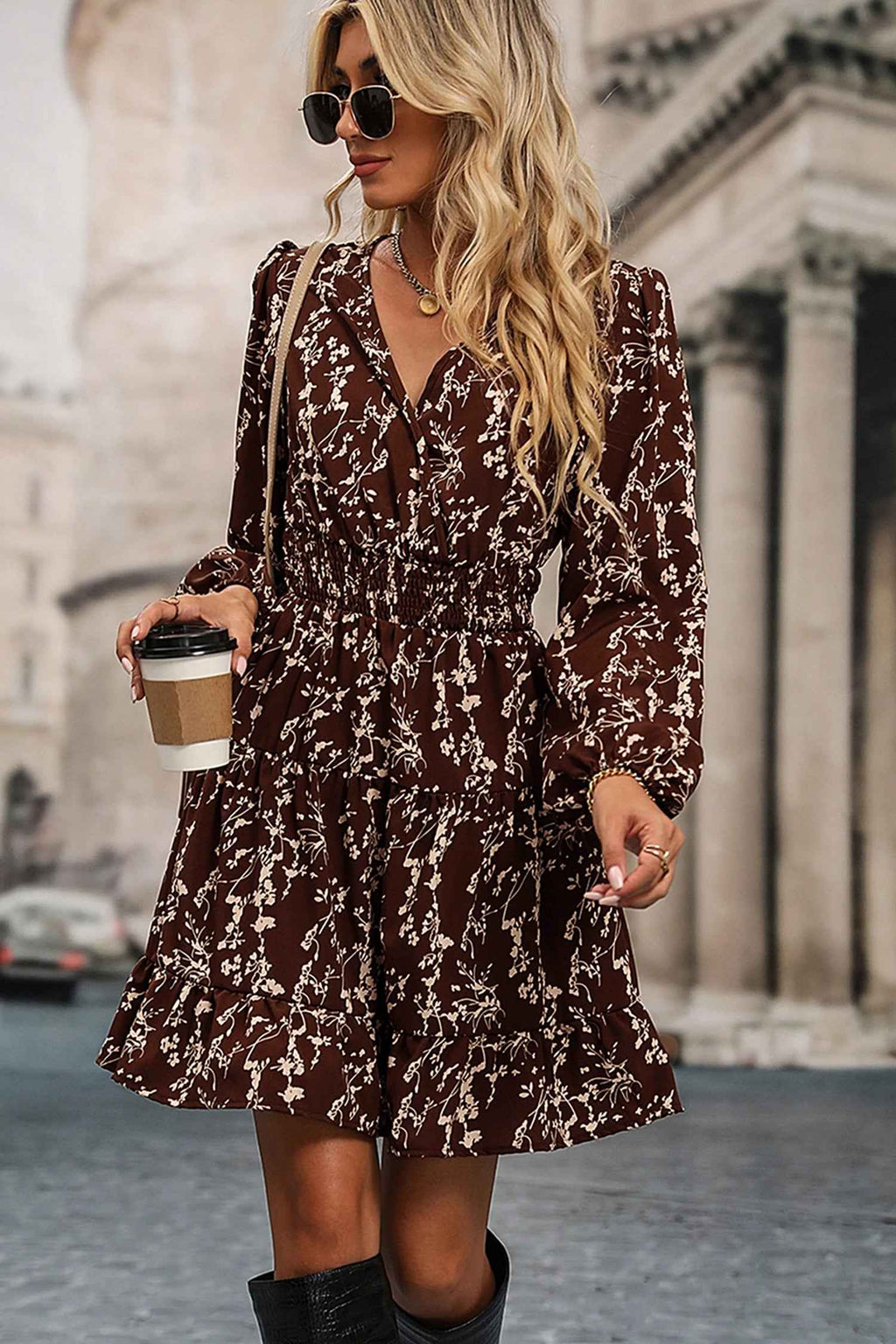 Brown Ditsy Floral Print Split Neck Long Sleeve Shirred Waist Flared Mini Dress 729fadb3576c5829