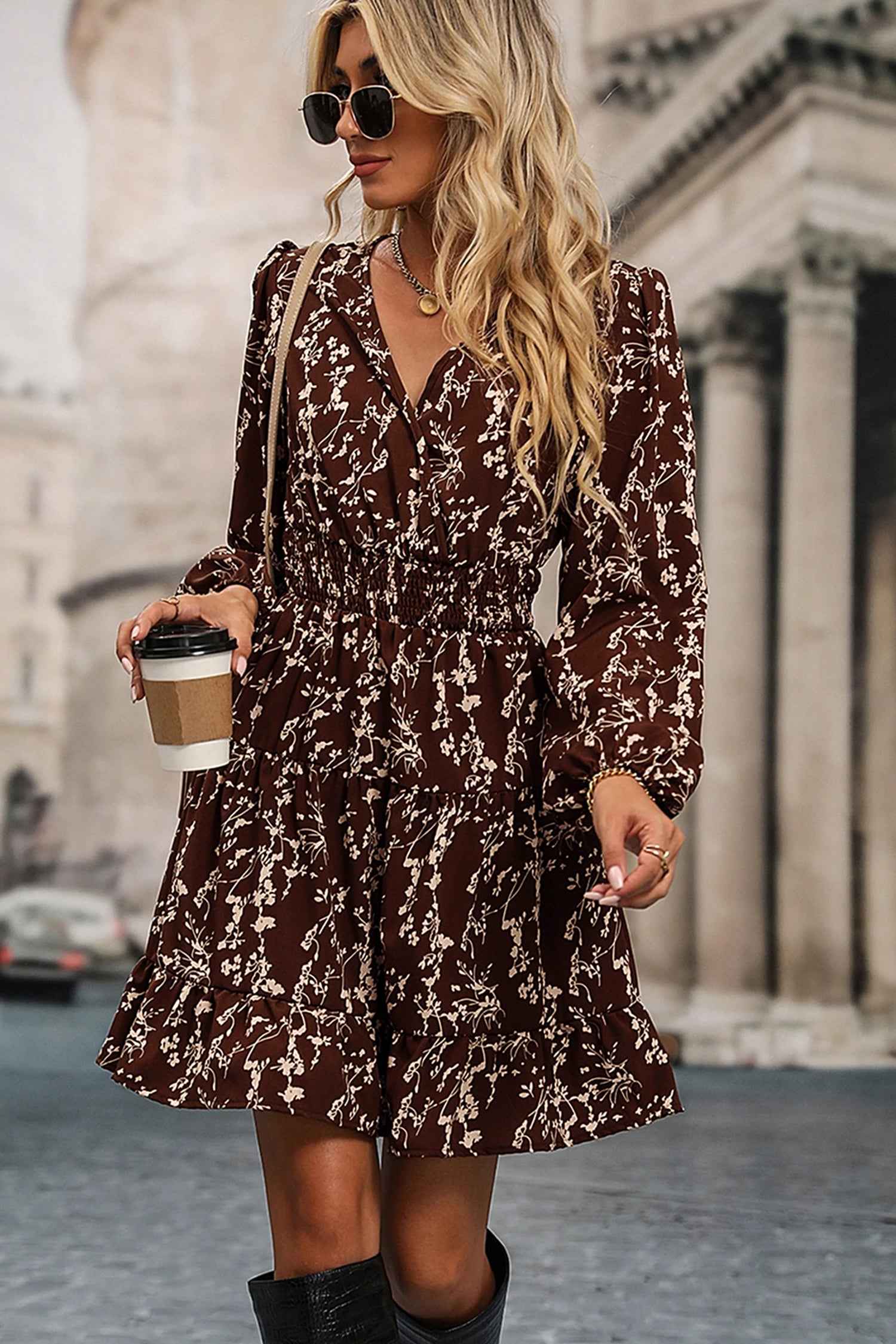 Brown Ditsy Floral Print Split Neck Long Sleeve Shirred Waist Flared Mini Dress 729fadb3576c5829
