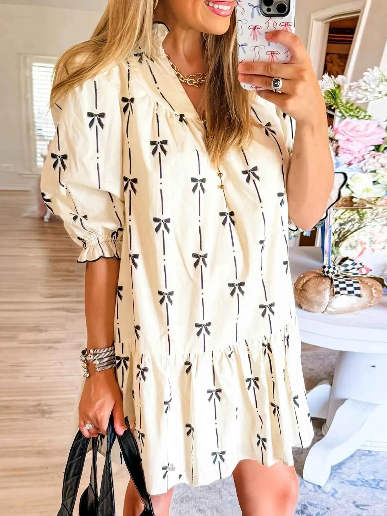 Bow Print Button Front Shirt Dress Apricot 72a09eed61fd495c98a5fca29c0ed2db-Max-Origin