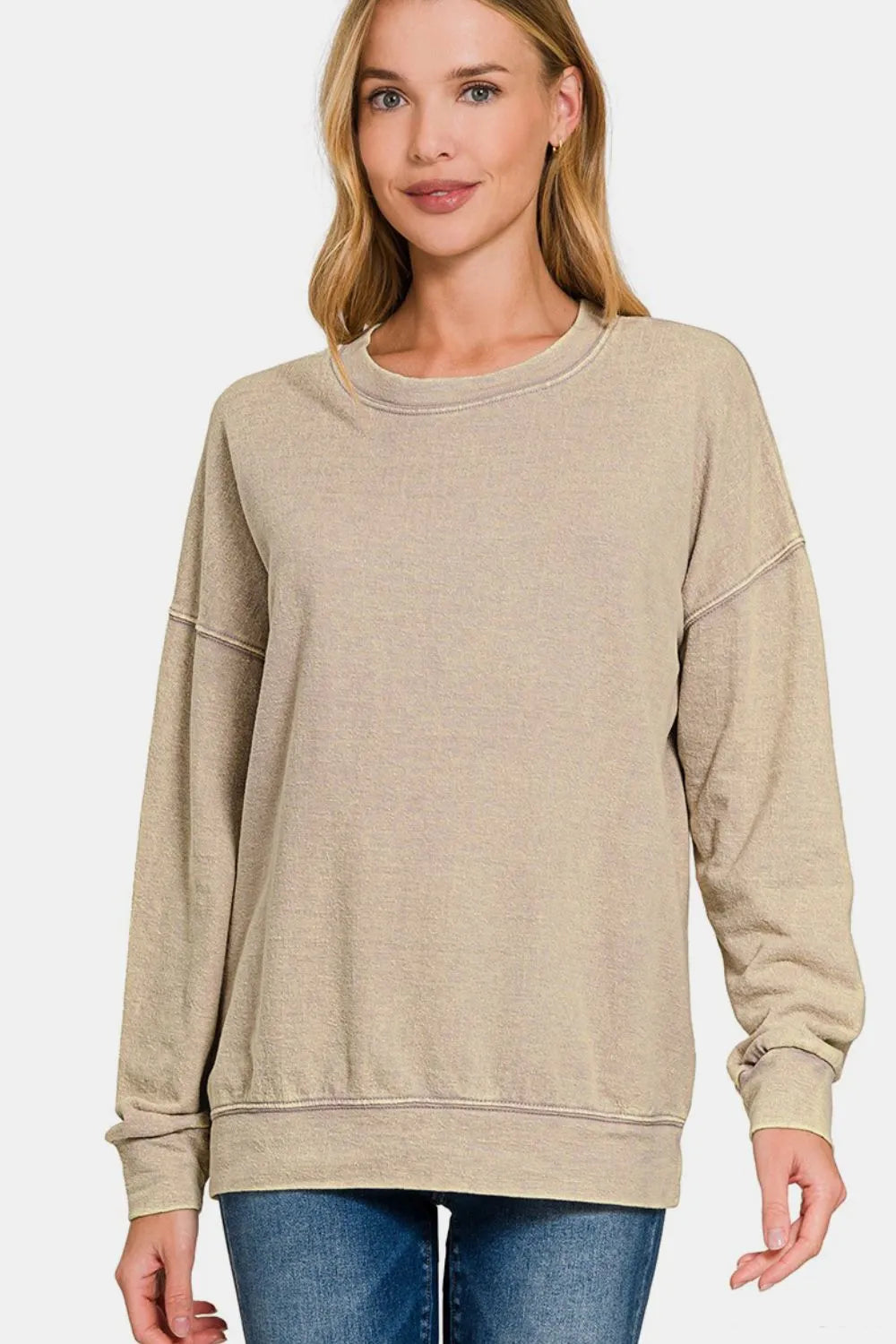 Zenana Washed Round Neck Dropped Shoulder Sweatshirt Khaki 72a80182-2df1-4bc4-a3e2-76e9086c0a4c-Max