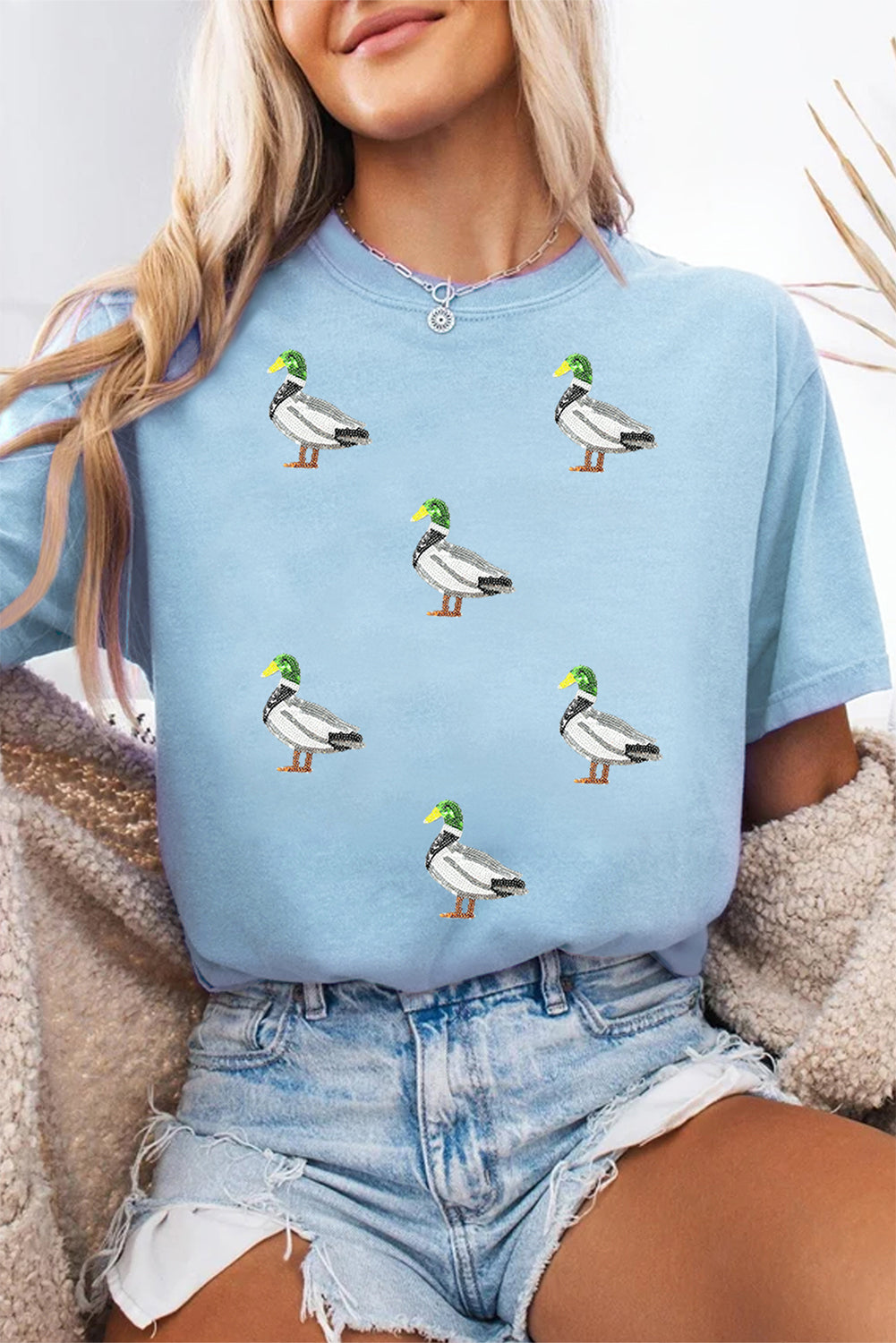 Light Blue Mallard Duck Graphic Sequins Patch Casual Tee 72a84354f42f8a03