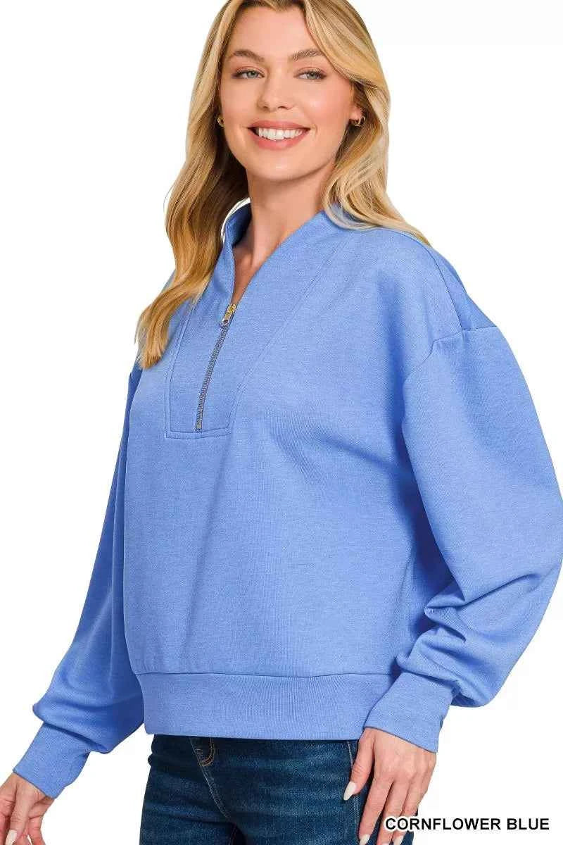 Zenana Scuba Half Zip Drop Shoulder Sweatshirt CORNFLOWER BLUE 72aaea0a5b04410cbae0768dce85e842-Max-Origin