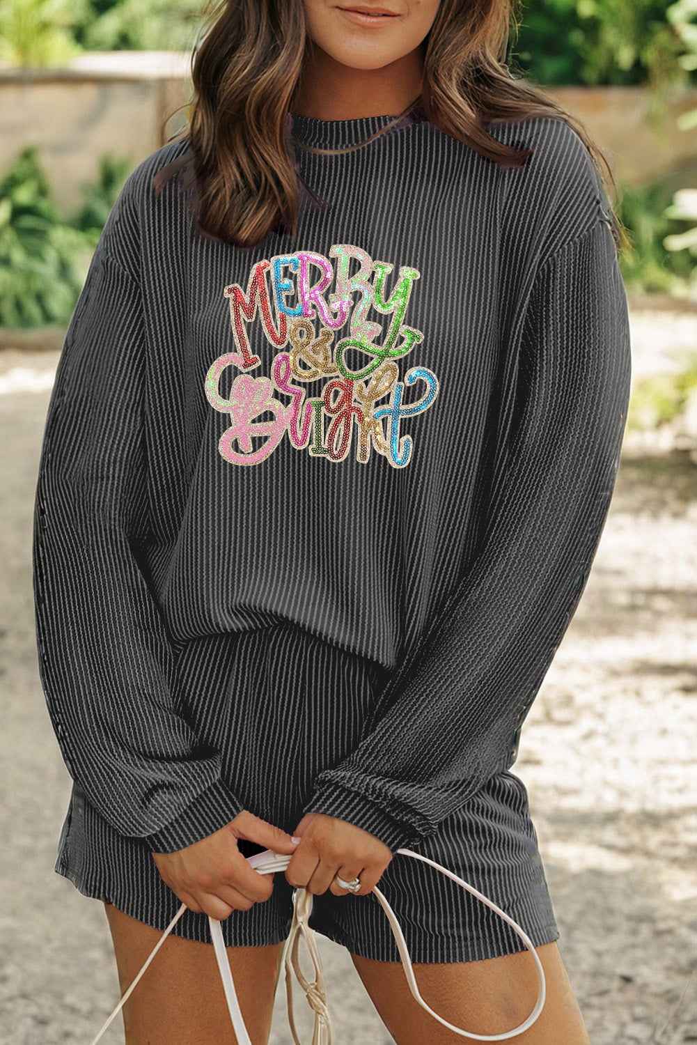 Carbon Grey Twisted Ribbed Merry & Bright Sequin Graphic Long Sleeve Top 2pcs Short Set Carbon Grey 75%Polyester+20%Viscose+5%Elastane 72aecadfd4622acc