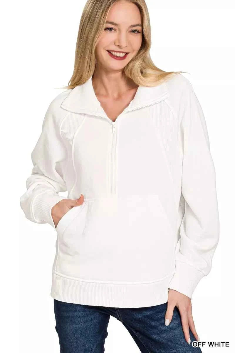 Zenana Half Zip Fleece Sweatshirt with kangaroo Pocket OFF WHITE 72aeda030a5d4d1291e8a095fd0a52c6-Max-Origin