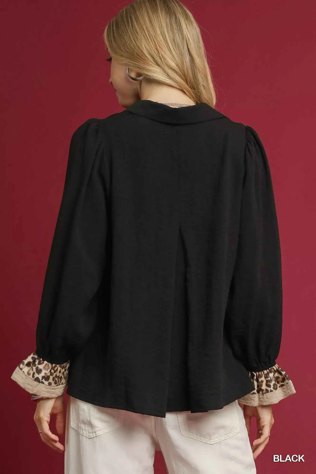 Umgee Half Button Blouse with Leopard Print Trim 72b0f514-7305-4f5b-8a49-9094c6140a6b-Max-Origin