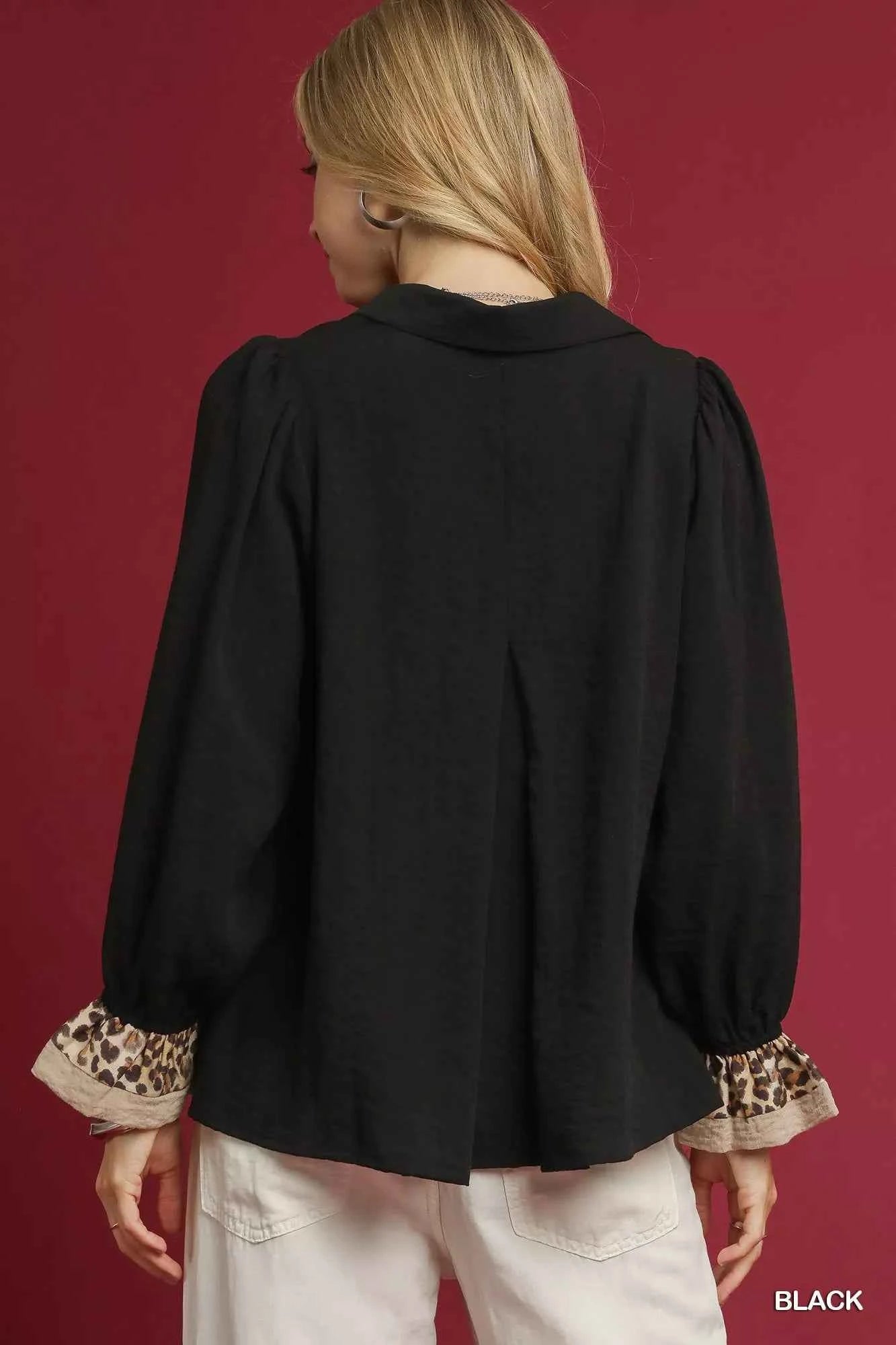 Umgee Half Button Blouse with Leopard Print Trim 72b0f514-7305-4f5b-8a49-9094c6140a6b-Max-Origin