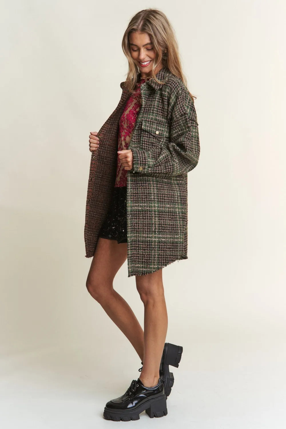 J.NNA Snap Down Tweed Plaid Contrast Longline Shacket 72b1b9b4-828c-493f-a223-6f8f4b176807-Max
