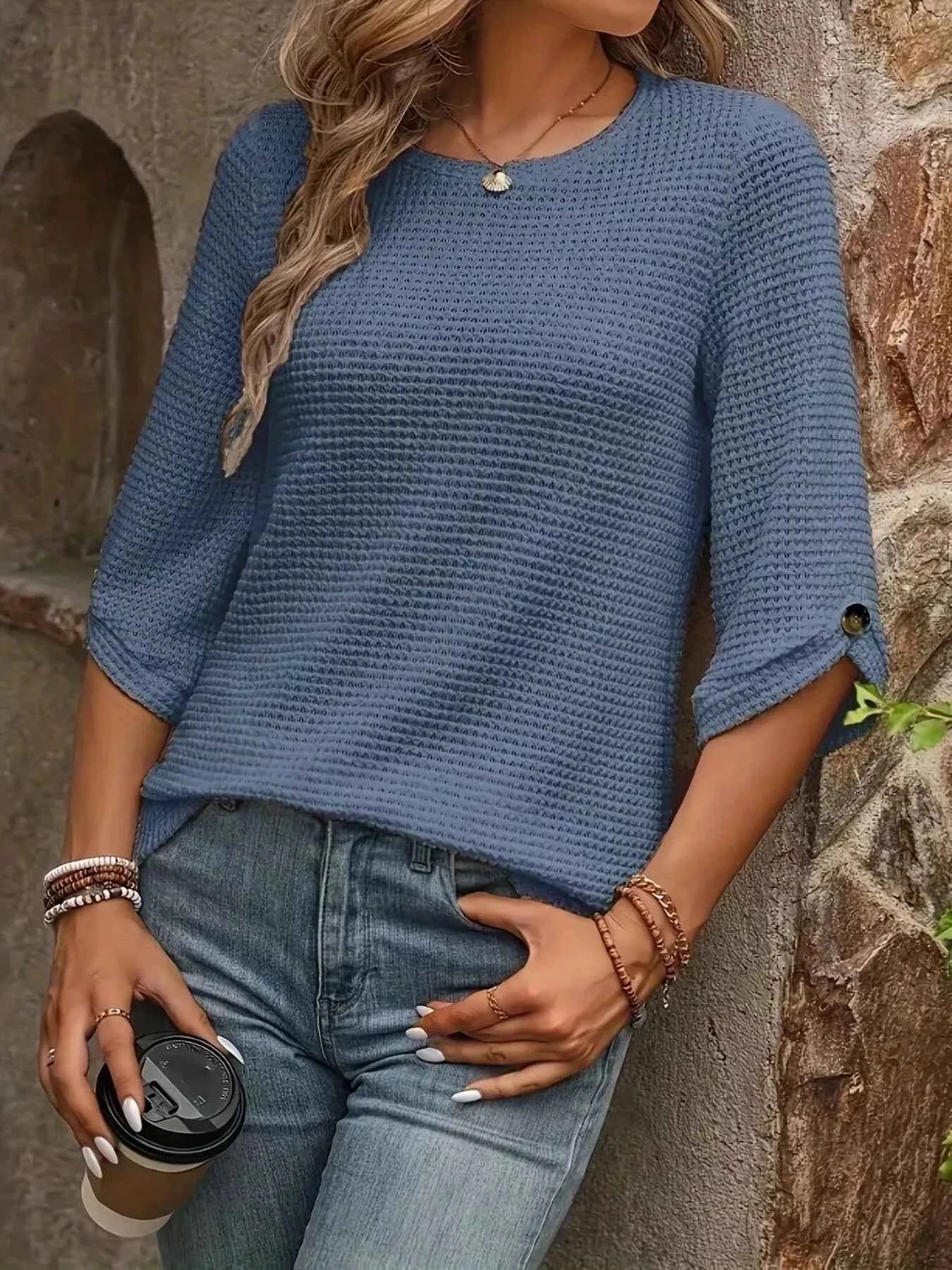 Waffle-Knit Round Neck Knit Top 72b2160c525c4a48ac27ce5d5cdc0251-Max-Origin