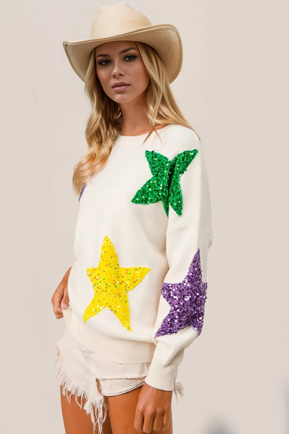 Double Take Sequin Star Round Neck Dropped Shoulder Sweater 72b53281-7d0f-4d14-a701-1be4d921532b-Max