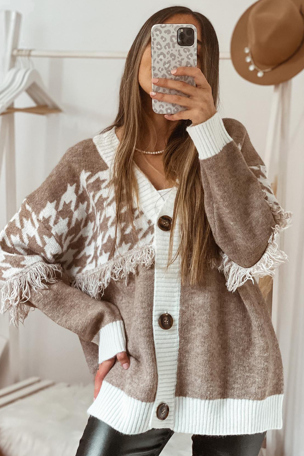 Khaki Houndstooth Colorblock V Neck Raw Edge Button Front Cardigan 72b87476dea160a9