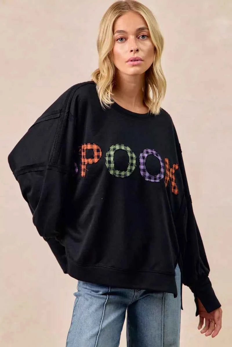BiBi Spook Plaid Letter Print Oversized Sweatshirt BLACK 72ba39d455304c8ca2966e998f8beff8-Max-Origin