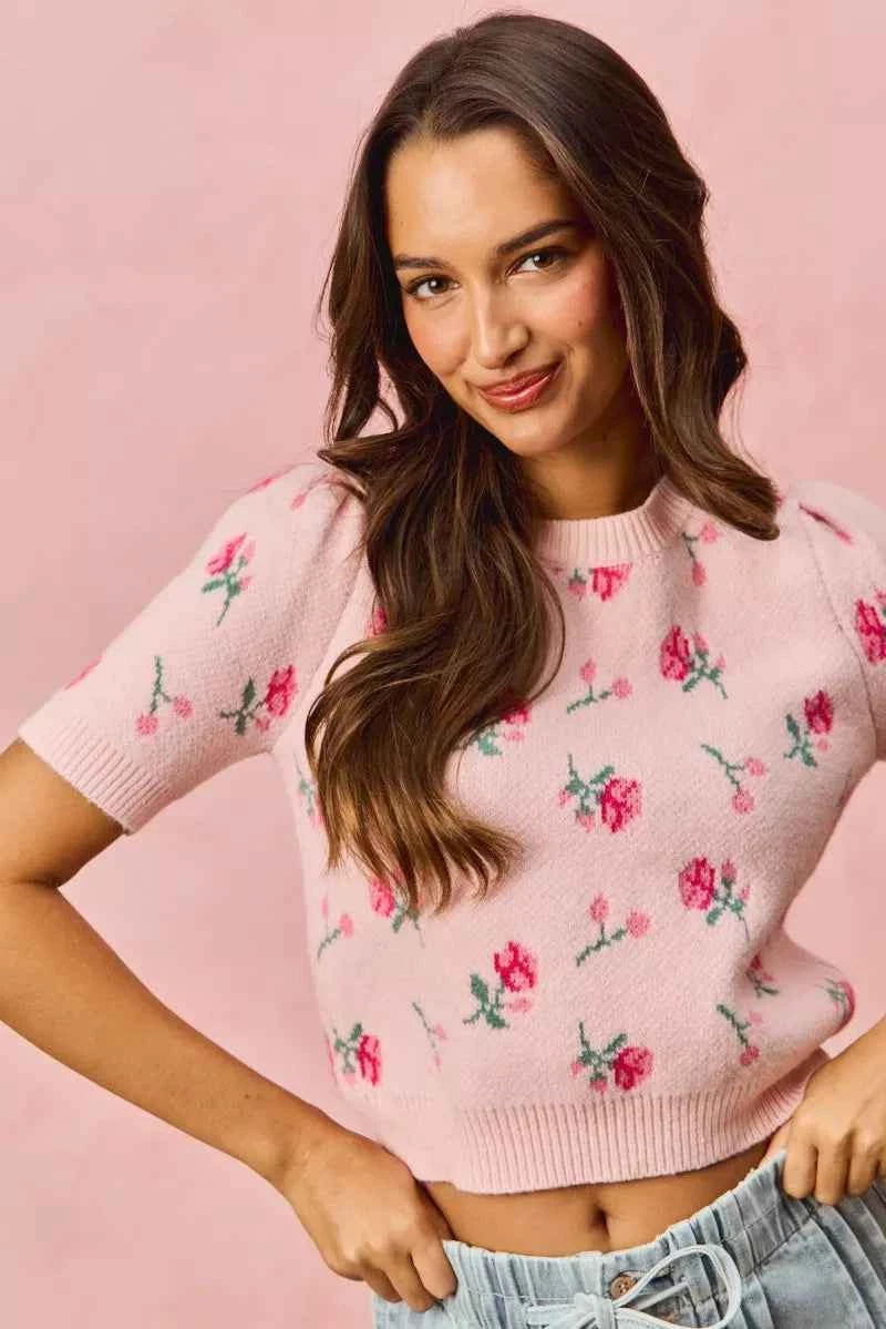 SO ME Floral Pattern Knit Puff Sleeves Sweater Top 72c23b482bfe4df798ce1f10fc9e6782-Max-Origin