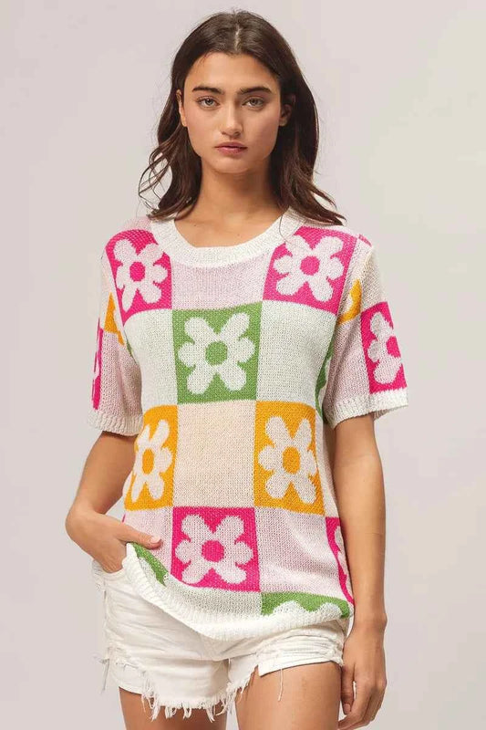 Flower Checker Pattern Lightweight Sweater Top 72c3b61b14c542e9a88b1b1806c2d58b-Max-Origin