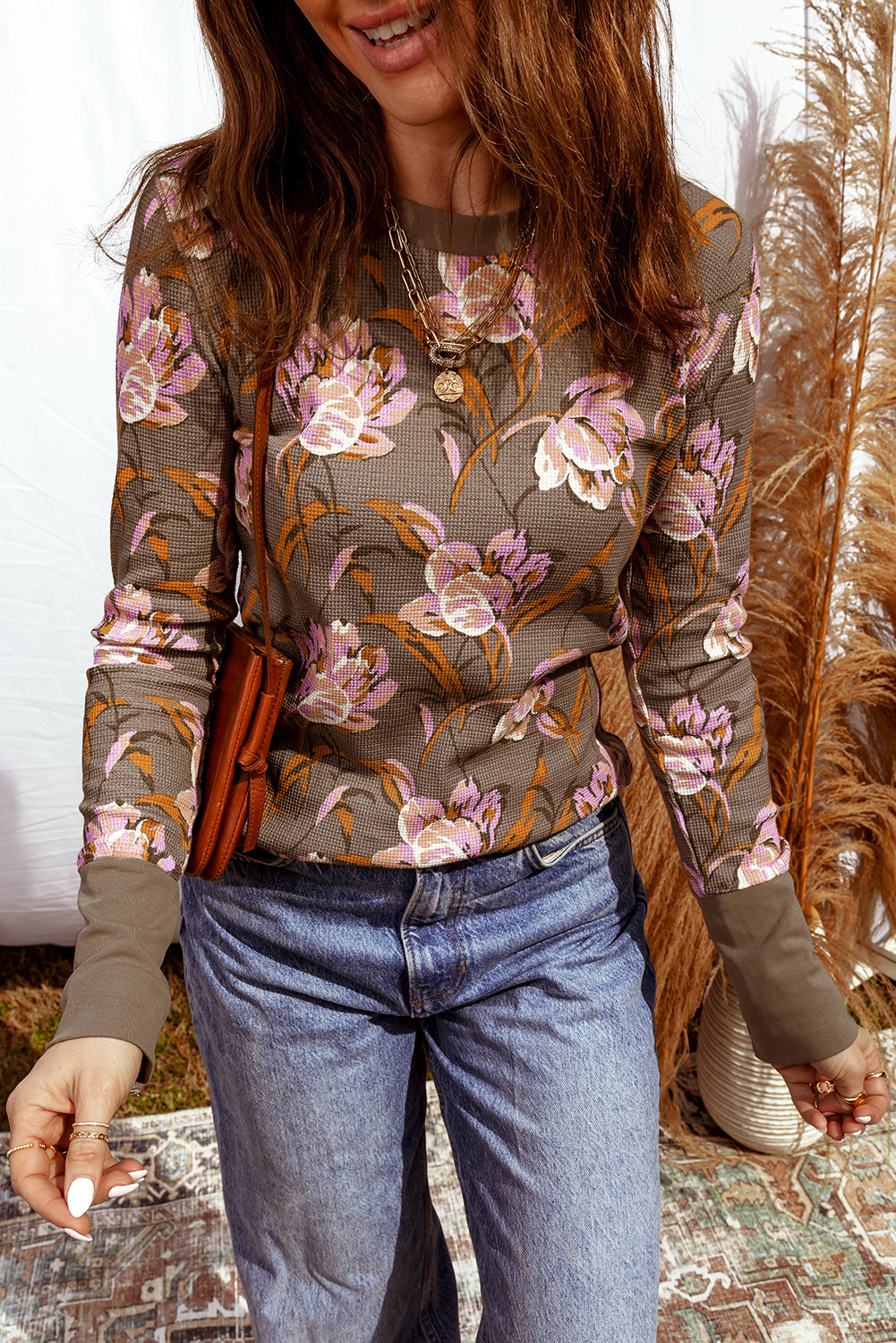 Brown Floral Print Waffle Textured Long Sleeve Top 72c6cc5afa5fee37