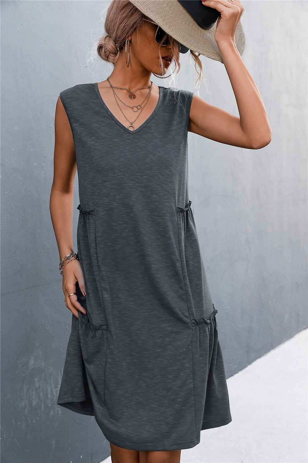 V-Neck Frill Trim Sleeveless Dress 72c6f8ccb4ab489194930525420c106b-Max
