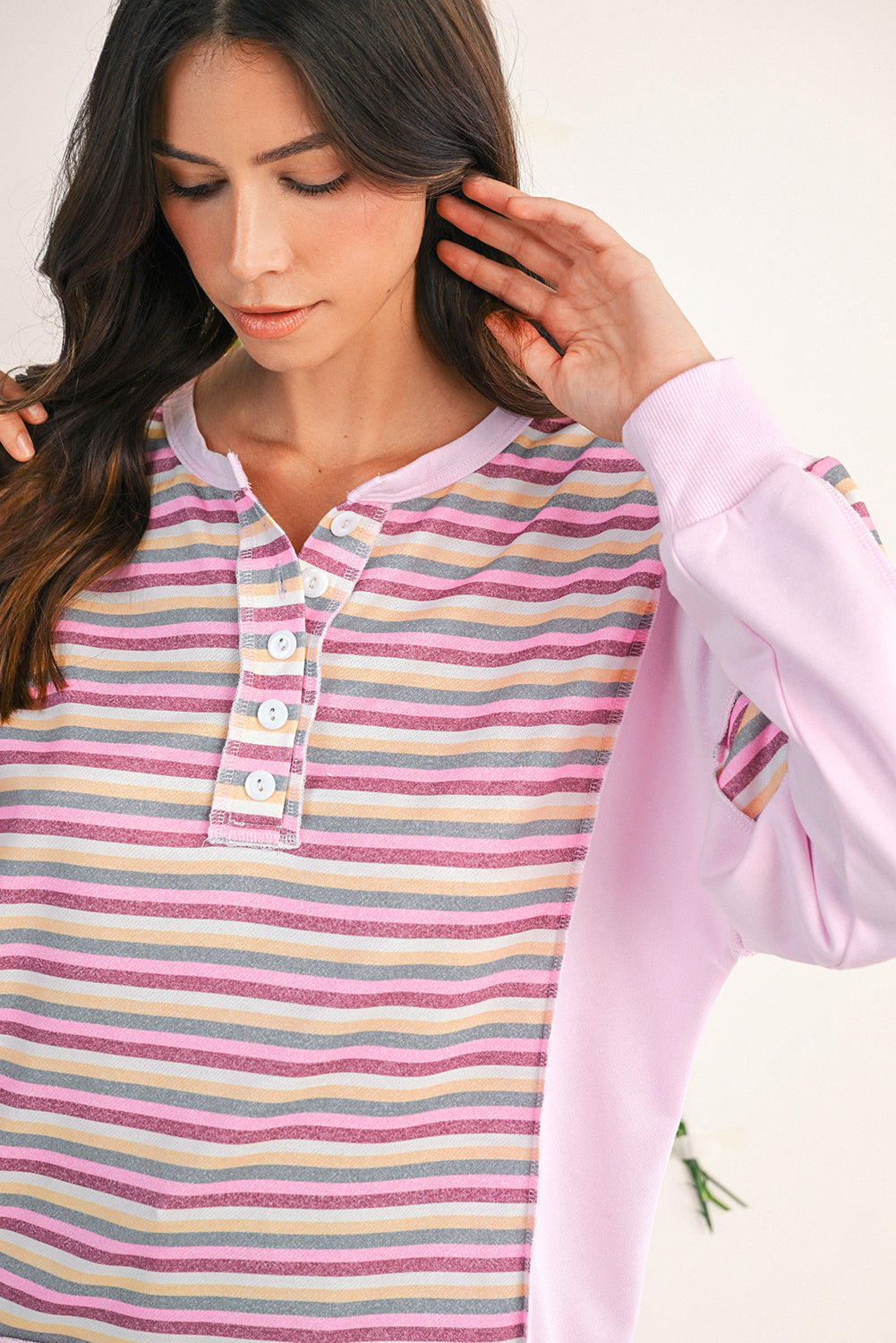 Pink Striped Patchwork Button V Neck Pullover Sweatshirt 72cd8c97eb5d6034