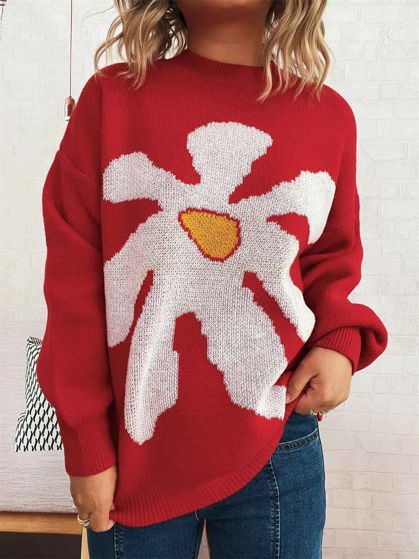 Flower Dropped Shoulder Sweater Red One Size 72d243bc982a4c5ebc97a57d238e6919-Max-Origin