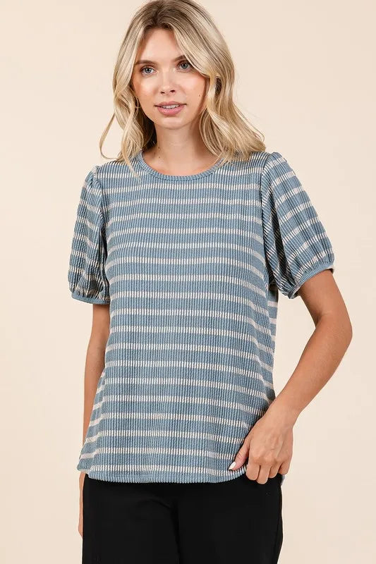 Contrast Striped Short Puff Sleeve Knit Top 72d4d8c8-b364-4cf9-9250-c31210737989-Max