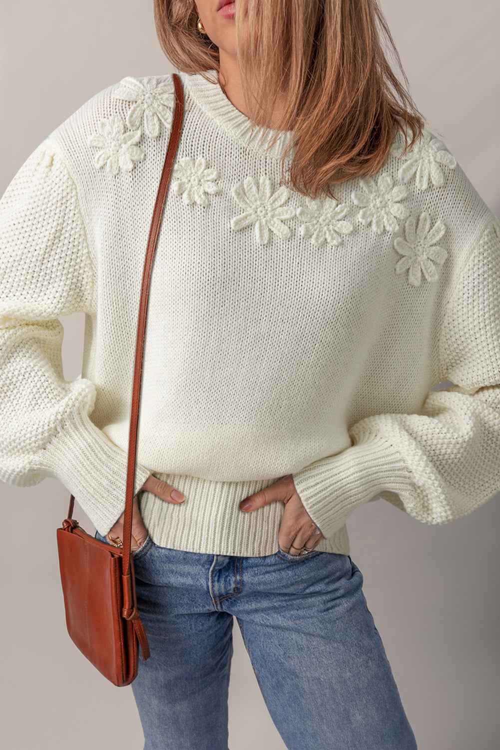 White Flower Detail Round Neck Contrast Textured Puff Sleeve Sweater 72d5b8ac50f4286b