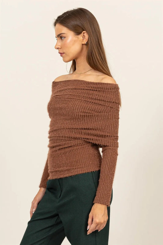 Fuzzy Off Shoulder Textured Knit Top 72d9da43-763d-4211-ba0d-e1502568222a-Max
