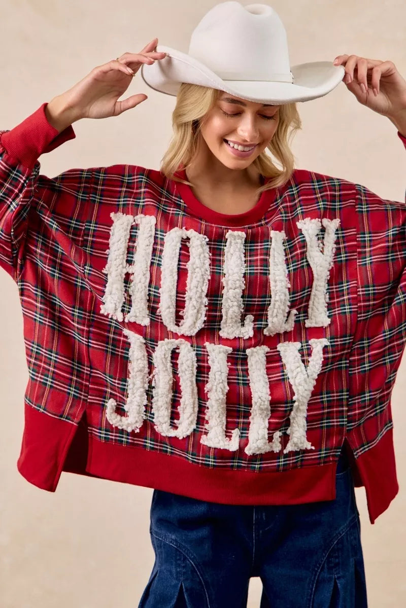BiBi Holly Jolly Christmas Plaid Oversized Sweatshirt RED PLAID 72e128eefd8e4661bb24a74c33e69f50-Max-Origin