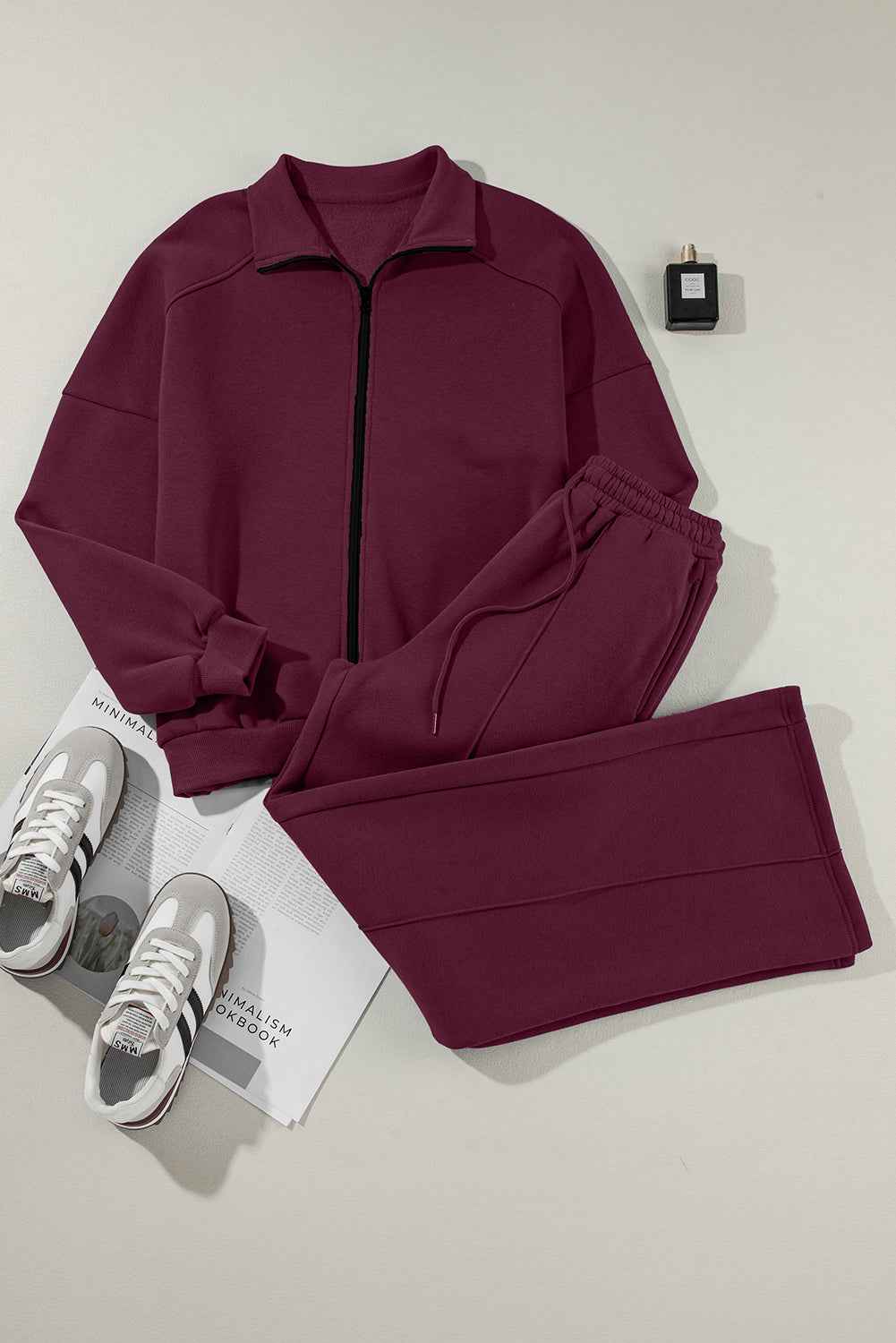 Burgundy Drop Shoulder Zip Up Jacket Drawstring Pants Active 2pcs Set 72e8acc4c1e1c8e9