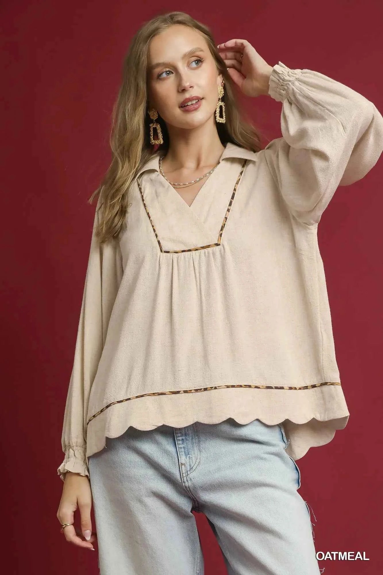 Umgee Full Size Linen Scallop Hem Blouse with Contrast Trim Plus Size OATMEAL 72edf50c-946d-4b59-8021-9977a515f7ea-Max-Origin