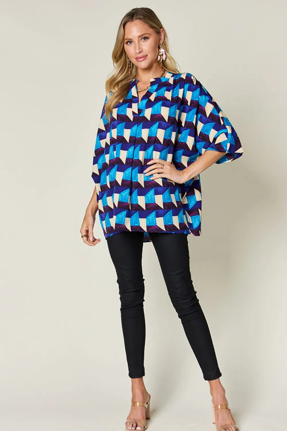 Double Take Full Size Geometric Notched Half Sleeve Blouse 72f0a037-b3fc-488e-b552-ce307ff37624-Max