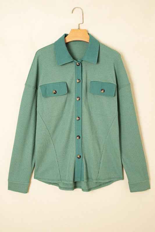 Waffle Knit Patchwork Button-Up Shirt 72f35c60-f45e-4ca0-bc9c-9b7e41dec6a6