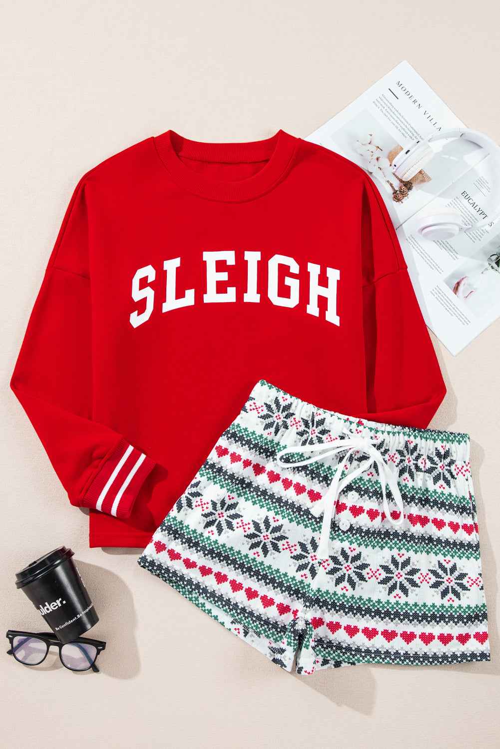 Fiery Red SLEIGH Snowflake Print Christmas Pajama Set 72f5d79f1ee91e02