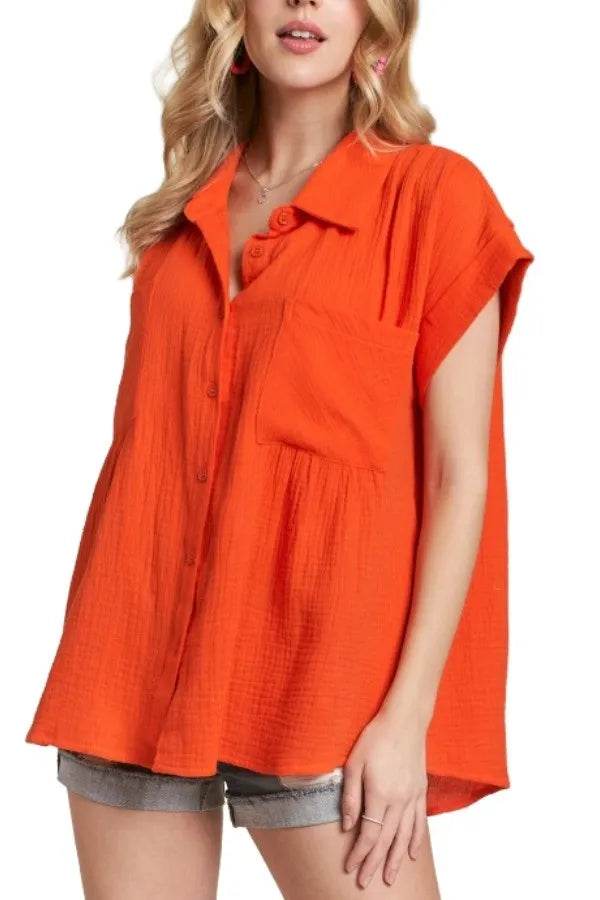 ADORA Button Down Solid Shirt W Pockets ORANGE 72f829505b114fc5a87786a43e9c21fc-Max-Origin