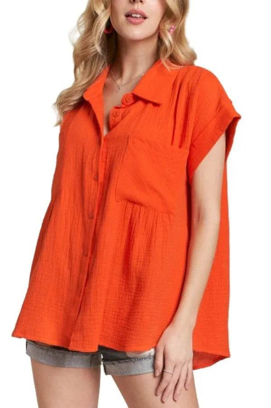 ADORA Button Down Solid Shirt W Pockets ORANGE 72f829505b114fc5a87786a43e9c21fc-Max-Origin