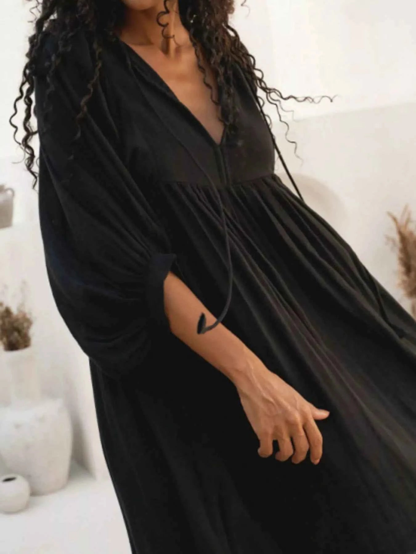 Tie Neck 3/4 Sleeve Midi Dress Black 72f9aa06-fd01-4dbe-9806-9be078dd7743-Max-Origin