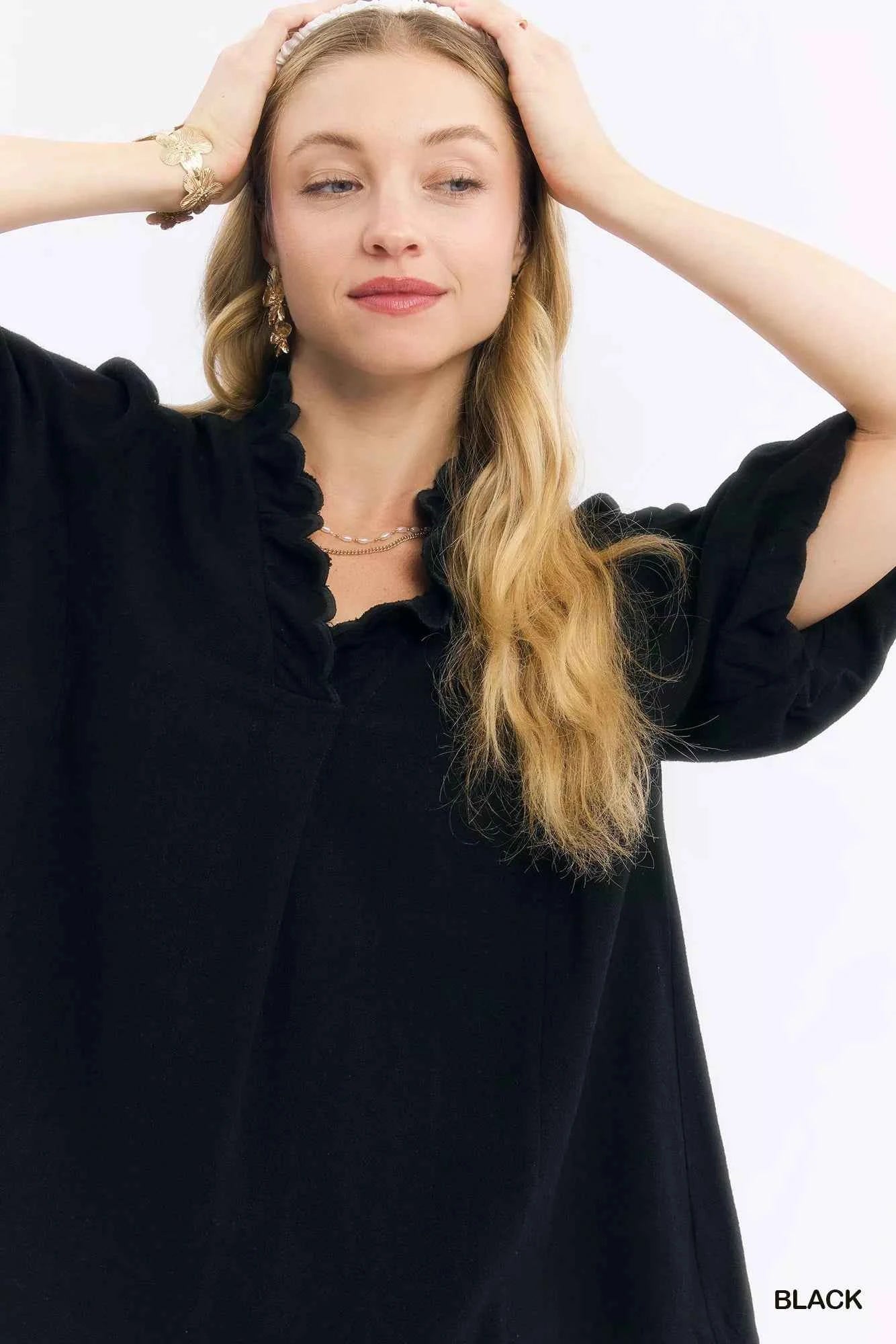 Umgee Linen Scallop Trim V-Neck Blouse 72fd050f-8657-4d6f-9134-a817a8a08800-Max-Origin