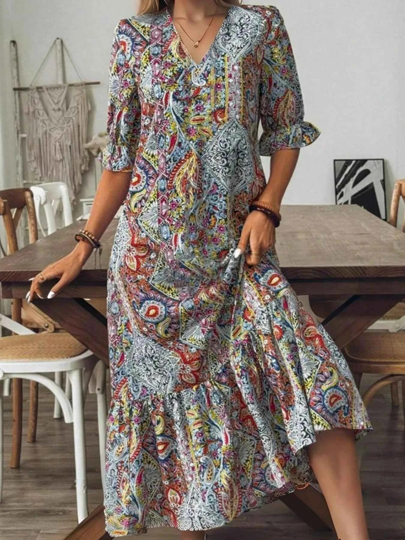 Full Size Bohemian Paisley Print V-Neck Midi Dress Plus Size