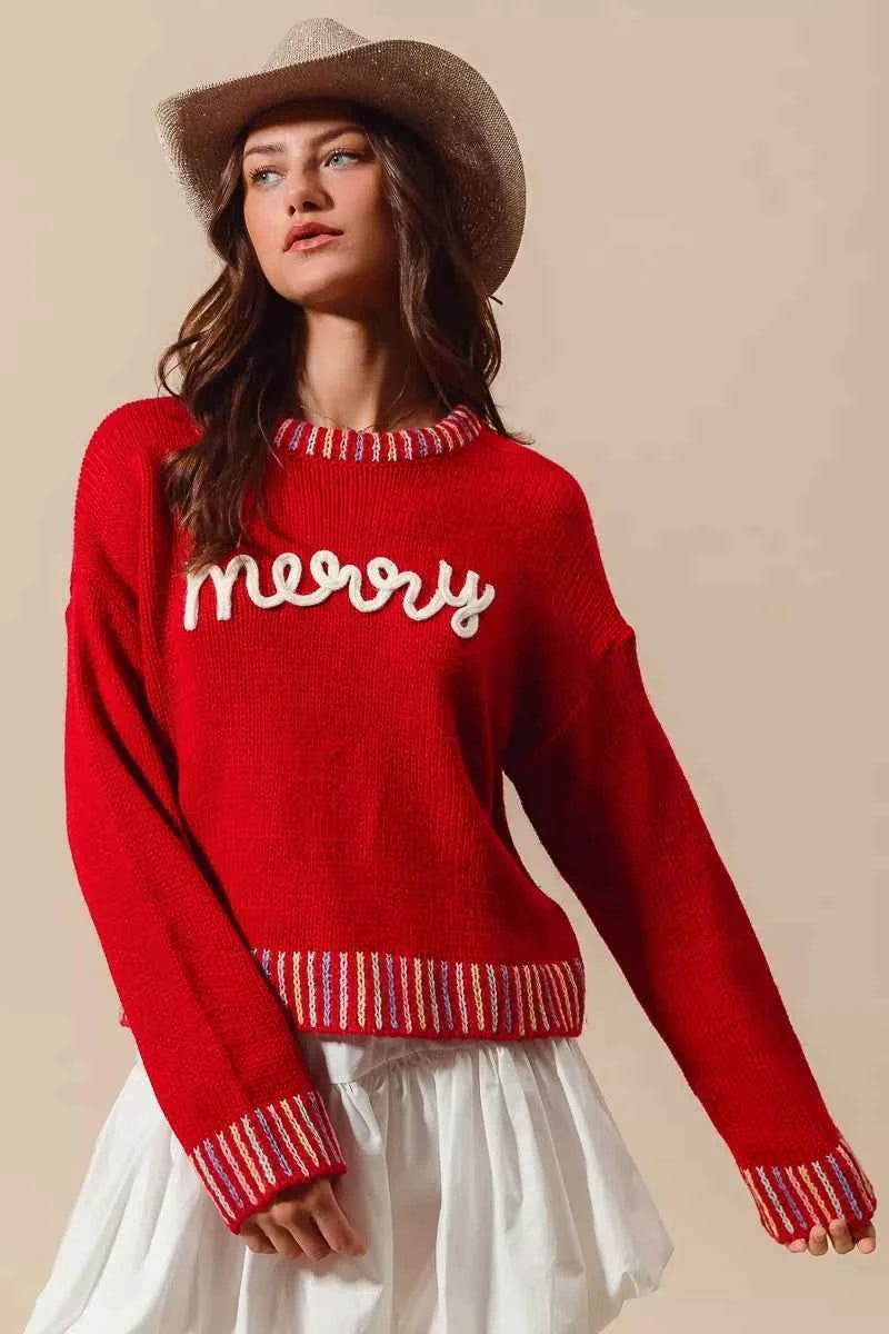 SO ME Merry Lettering Embroidered Christmas Sweater RED IVORY 7313997866ed48aa97ac2ec532663fbc-Max-Origin