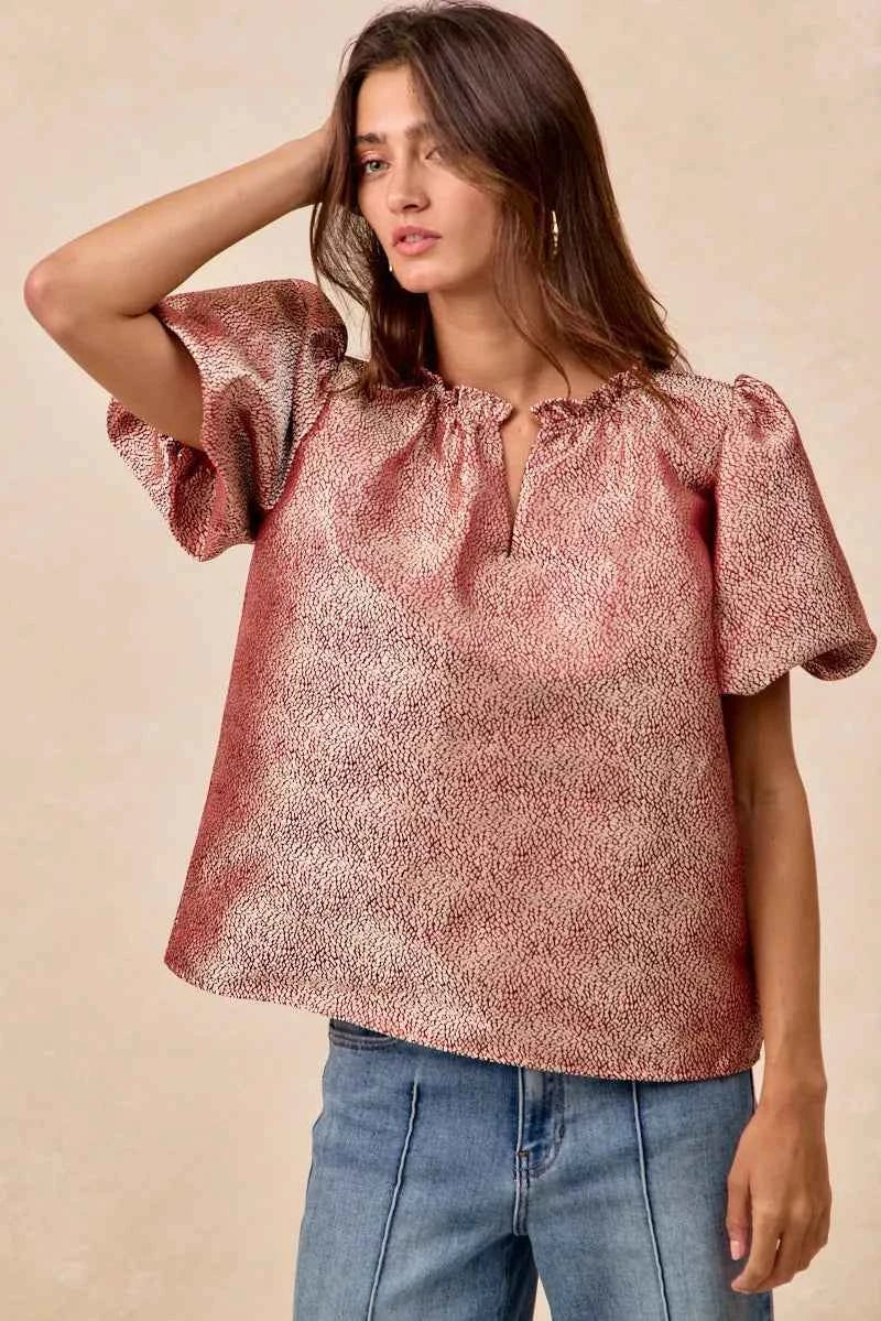 BiBi Jacquard Woven Short Balloon Sleeves V Neck Top 7315f0f21b1140e48d69120a7c45952a-Max-Origin