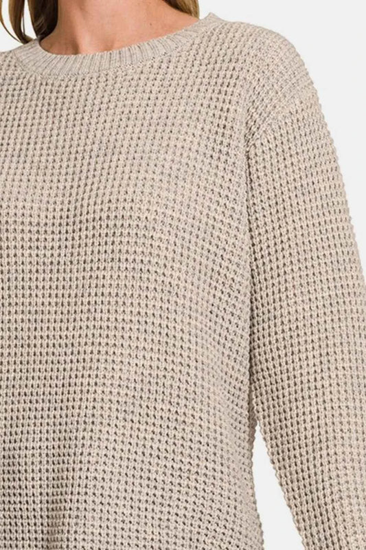 High Low Long Sleeve Waffle Sweater 731a3d07-766f-4e0f-af7f-3b272d348342-Max