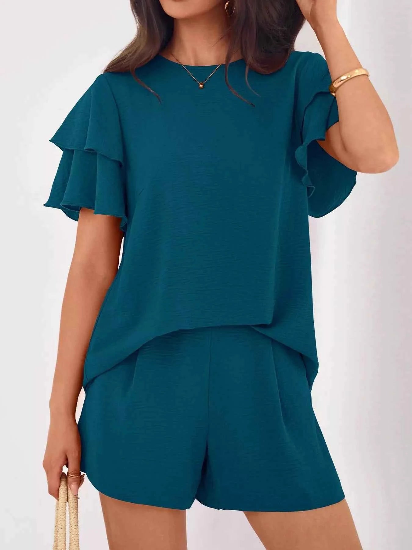 Ruffle Sleeve Top and Shorts Two-Piece Set Peacock Blue 731bc4ebe61f4be89c002971380601d8-Max-Origin