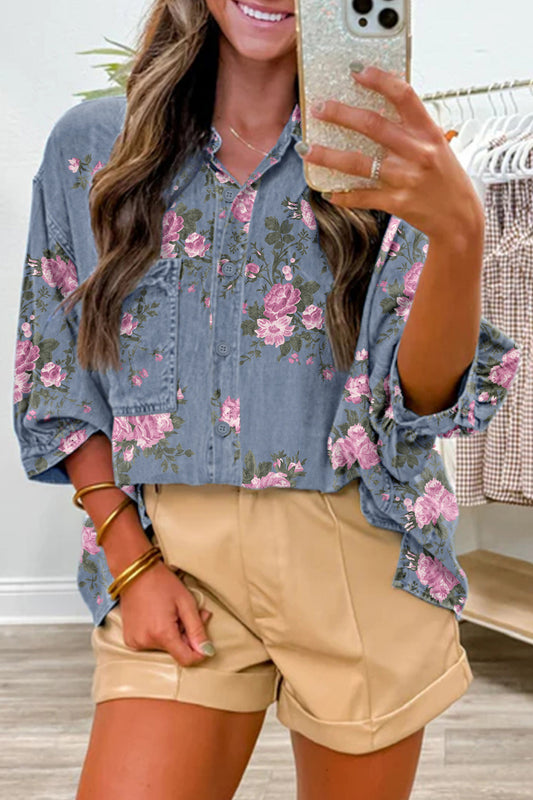 Blue Bracelet Sleeve Floral Denim Shirt 731bd09727eb7d24