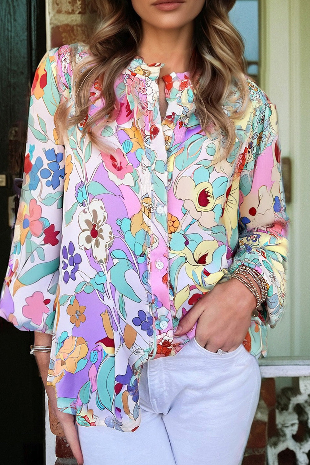 Pink Floral Print Patchwork Frilly Neckline Long Sleeve Shirt Pink 100%Polyester 731e316d0f29d244