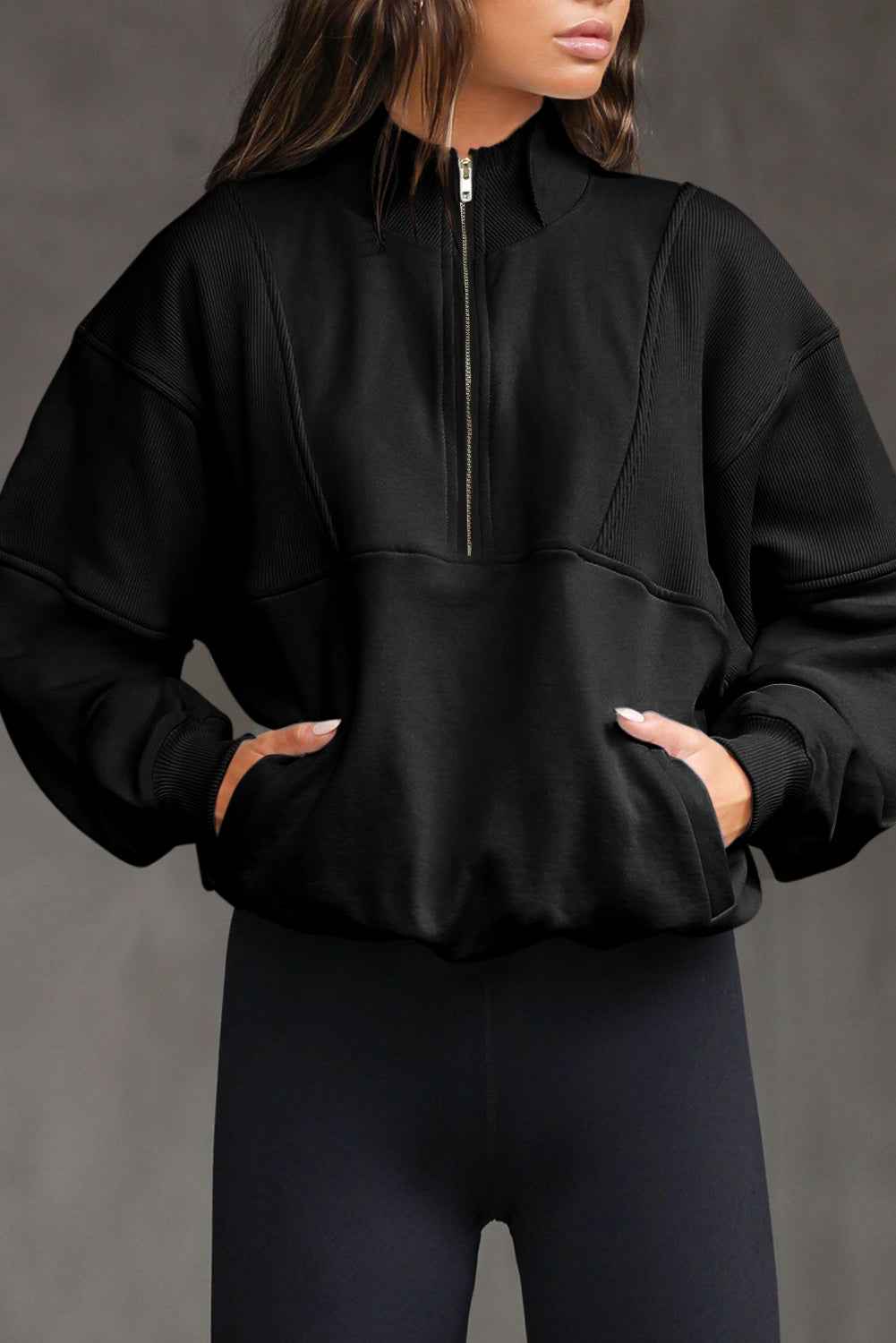 Black Half Zip Stand Collar Exposed Seam Solid Color Casual Sweatshirt Black 50%Polyester+50%Cotton 732007f553dc8f23