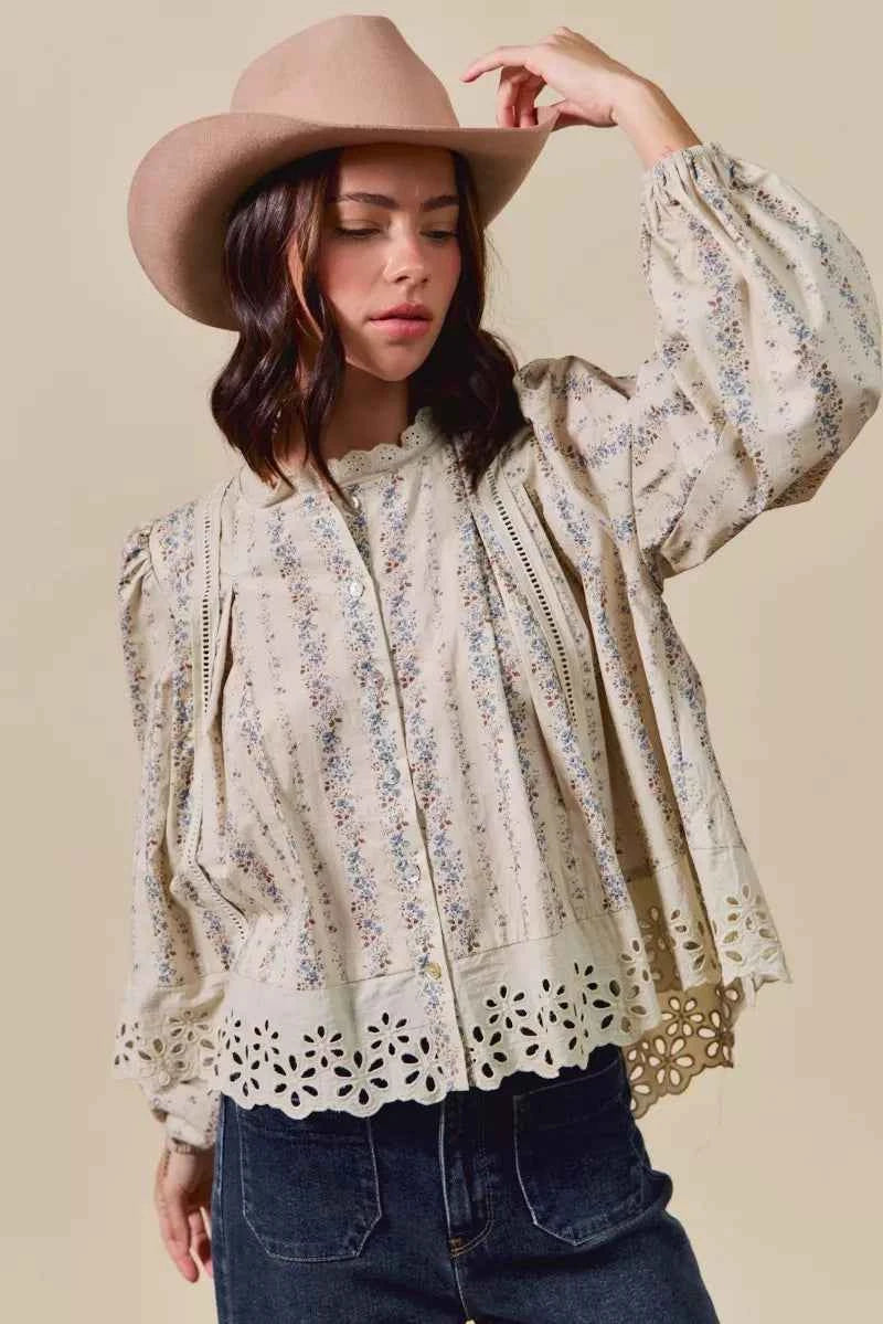 SO ME Floral Print Lace Button Down Shirt BLUE 7321d235d61d457cab8e604d6d365a94-Max-Origin