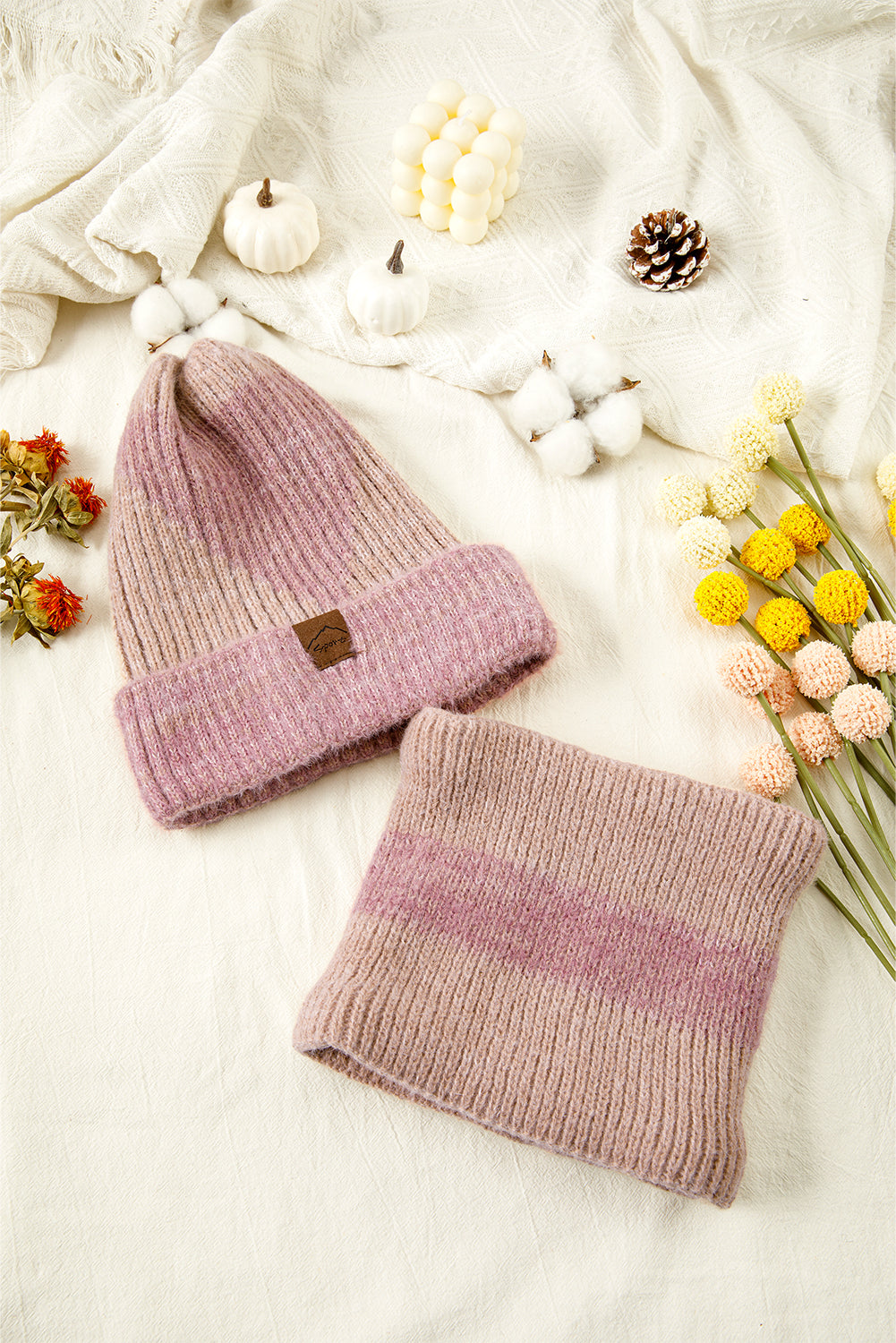 Peach Blossom Winter Beanie Hat and Cozy Sherpa Liner Scarf Set 73224cfa3027748e